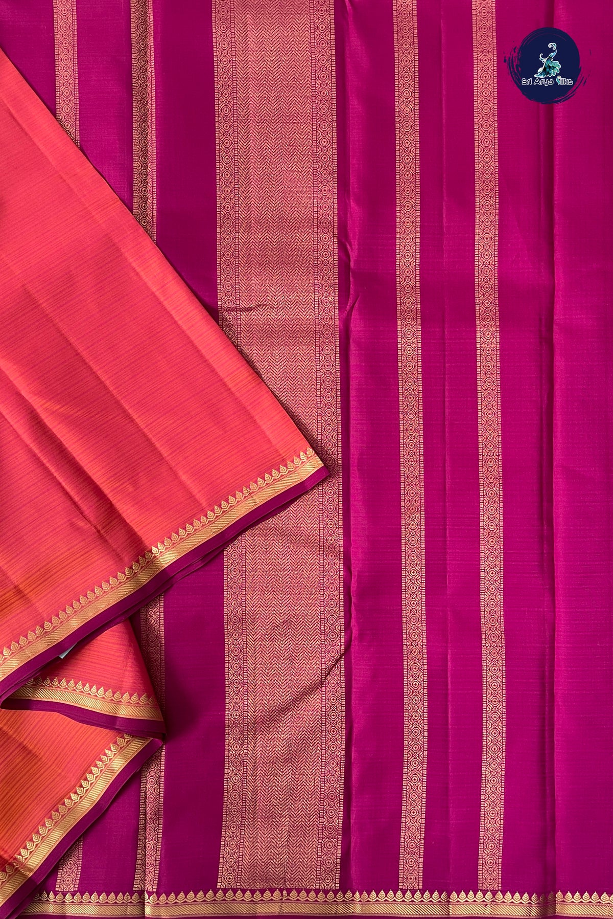 Orangish Pink Light Weight Silk Saree With Doria Lines Pattern