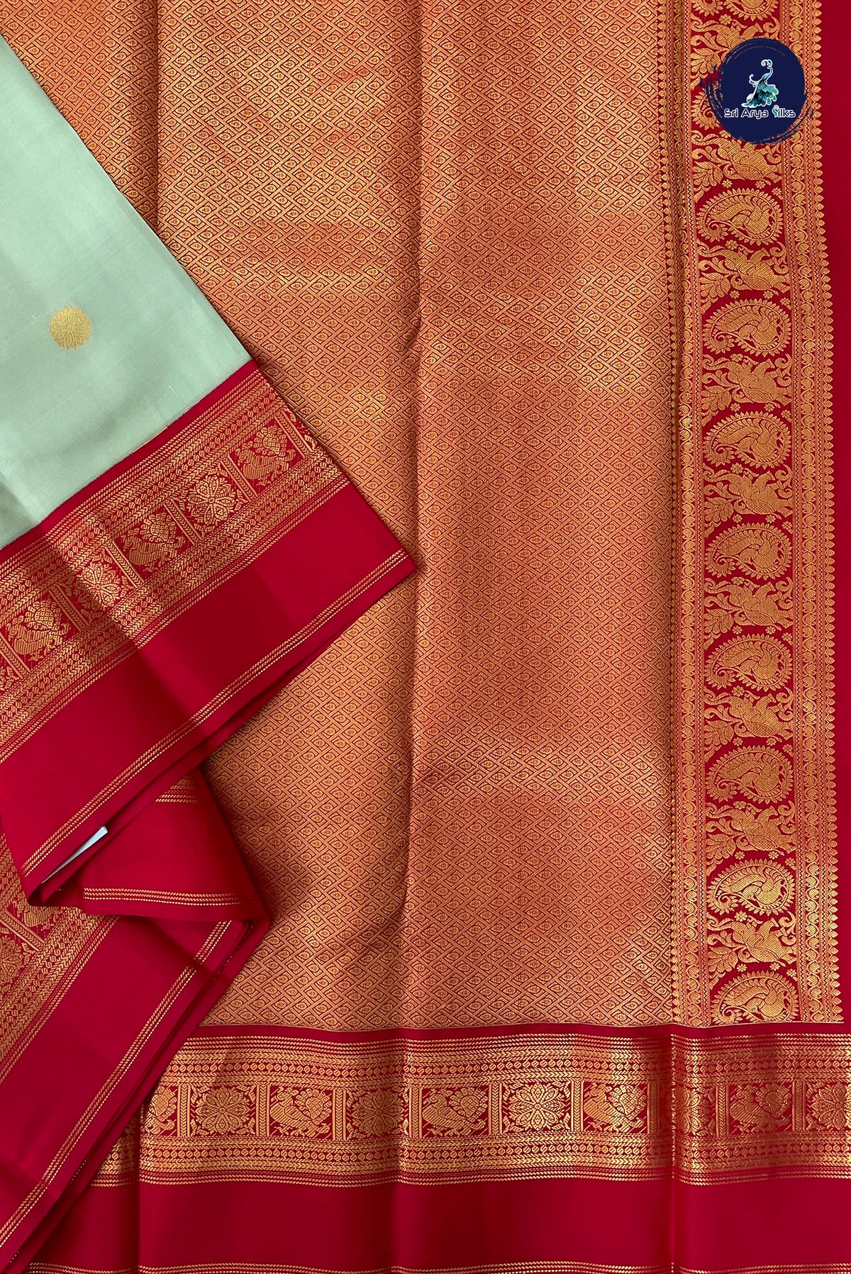 Pastel Green Korvai Contrast Silk Saree With Zari Buttas Pattern