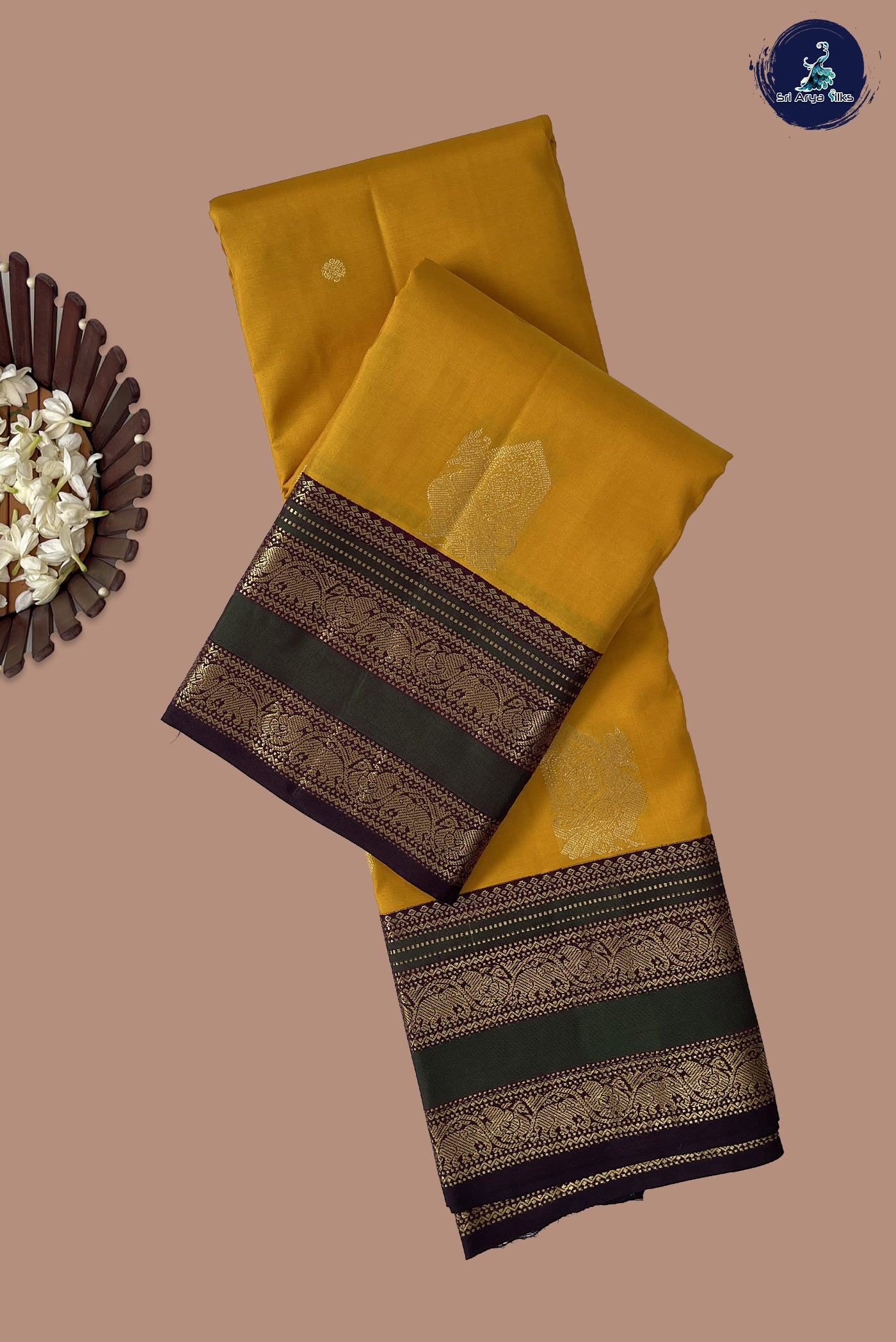 Mango Yellow Rettaippade Border Silk Saree With Zari Buttas Pattern