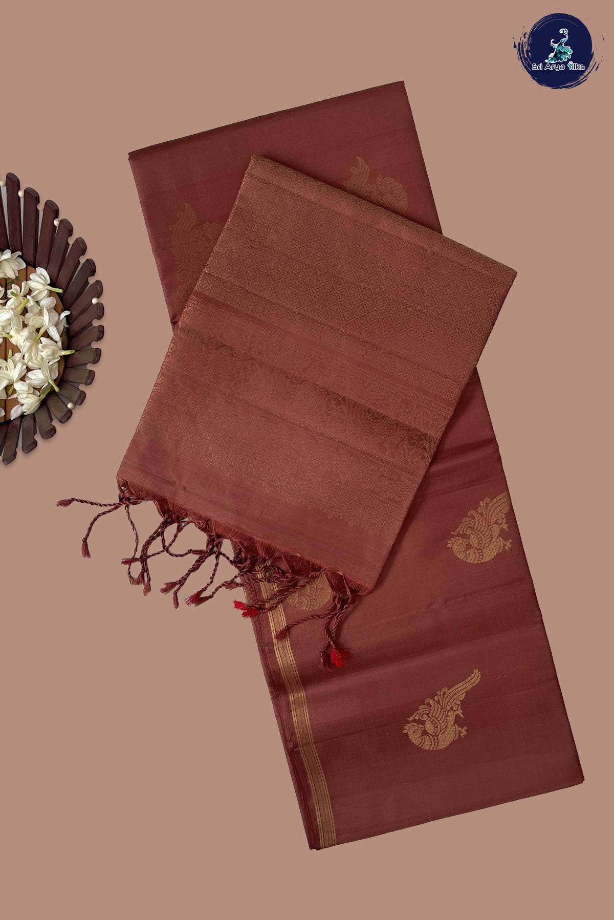 Caramel Shade Soft Silk Saree With Peacock Butta Pattern