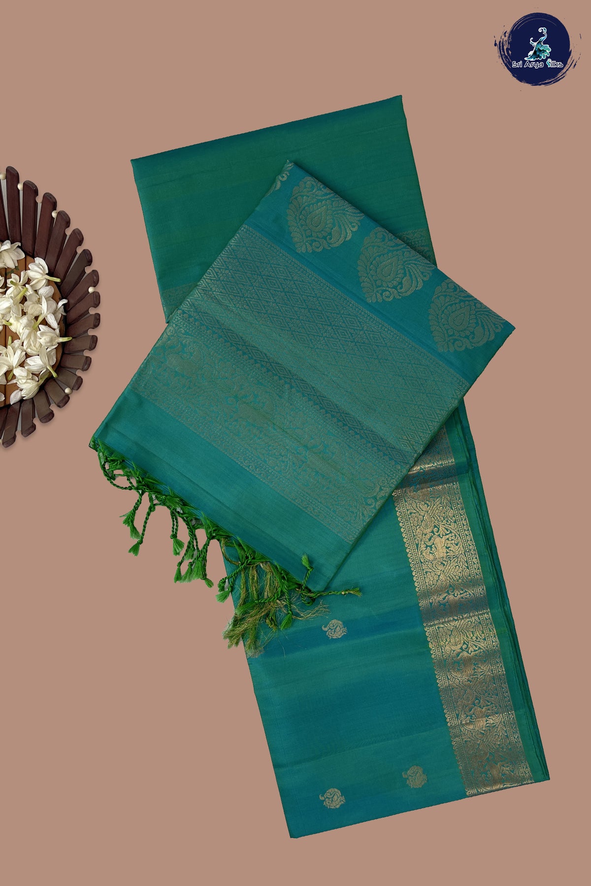 Bluish Green Soft Silk Saree With Zari Buttas Pattern