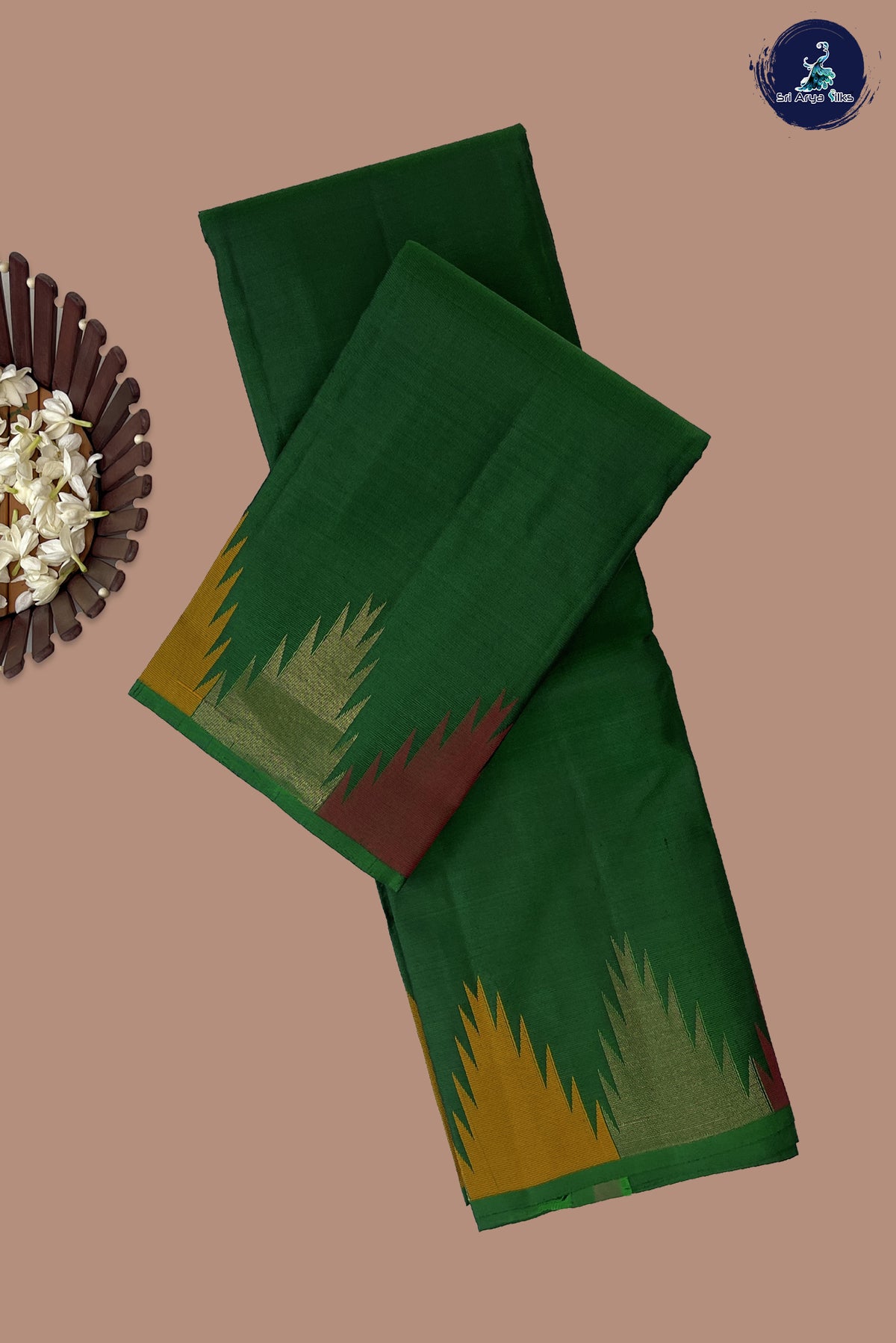 Green Thalampoo / Temple Border Silk Saree With Plain Pattern
