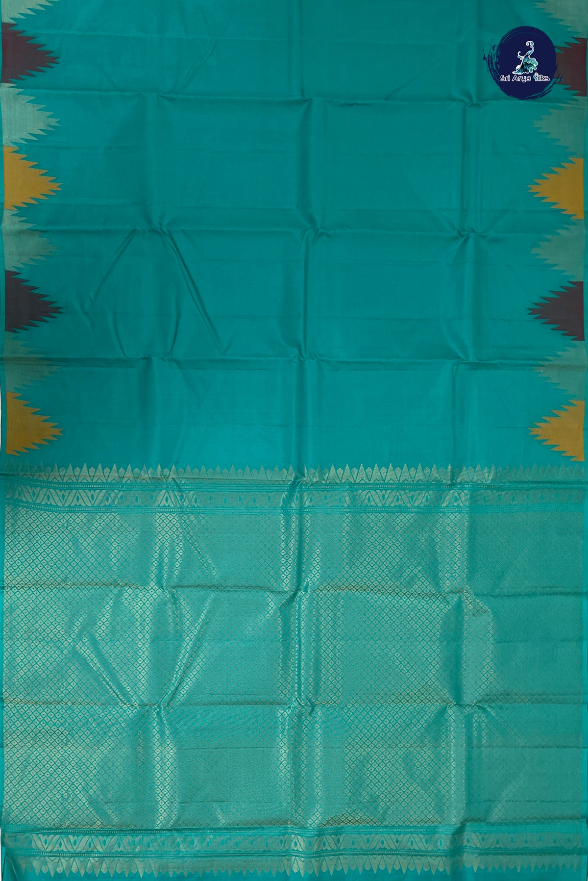 Turquoise Thalampoo / Temple Border Silk Saree With Plain Pattern