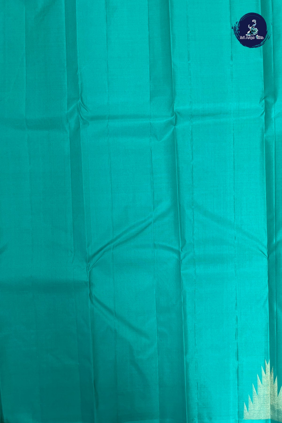 Turquoise Thalampoo / Temple Border Silk Saree With Plain Pattern