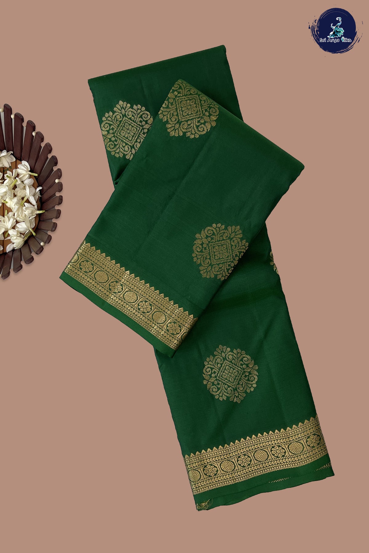 Dark Green Light Weight Silk Saree With Zari Buttas Pattern