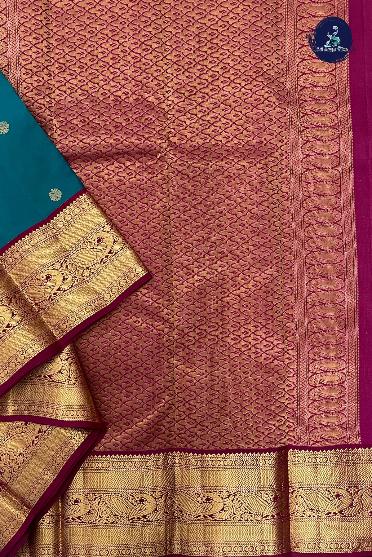 Teal Korvai Contrast Silk Saree With Zari Buttas Pattern