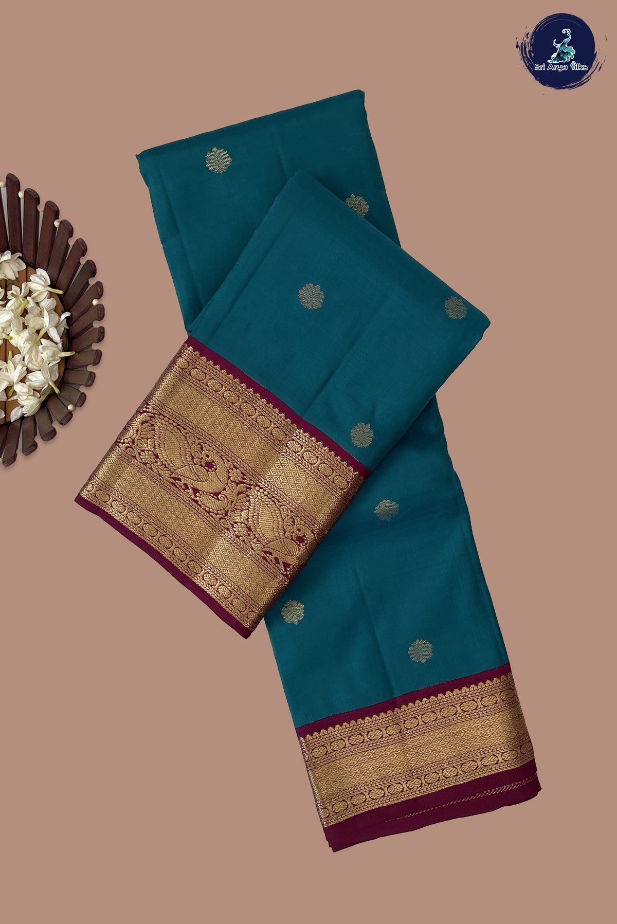 Teal Korvai Contrast Silk Saree With Zari Buttas Pattern
