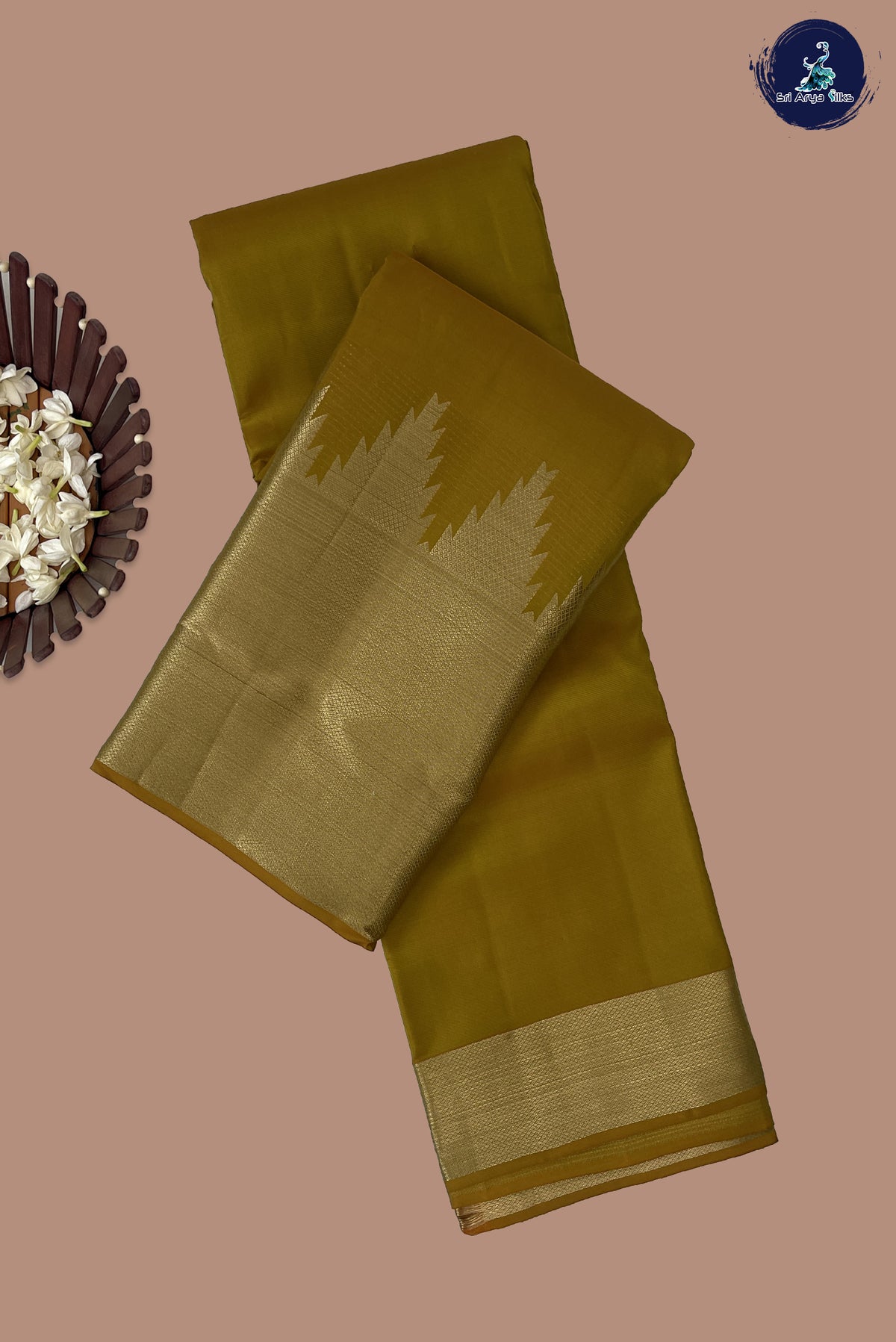 Mustard Yellow Thalampoo / Temple Border Silk Saree With Plain Pattern