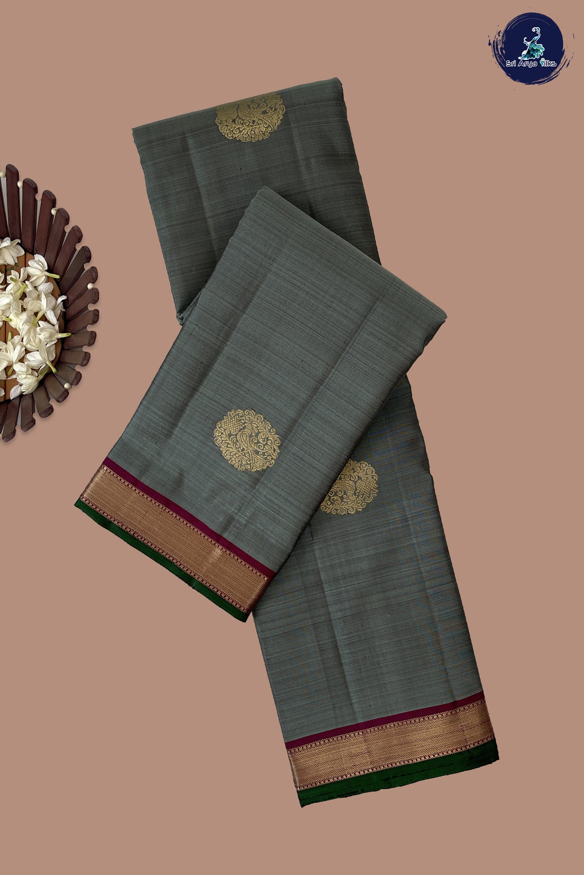 Greenish Grey Mayil Chakram Butta Silk Saree With Zari Buttas Pattern