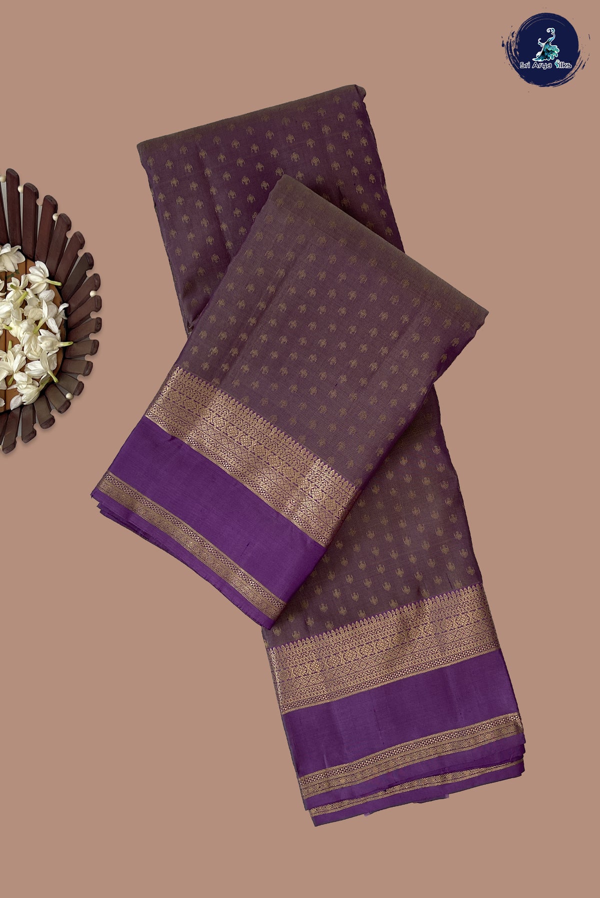 Greyish Lavender Rettaippade Border Silk Saree With 1000 Butta Pattern