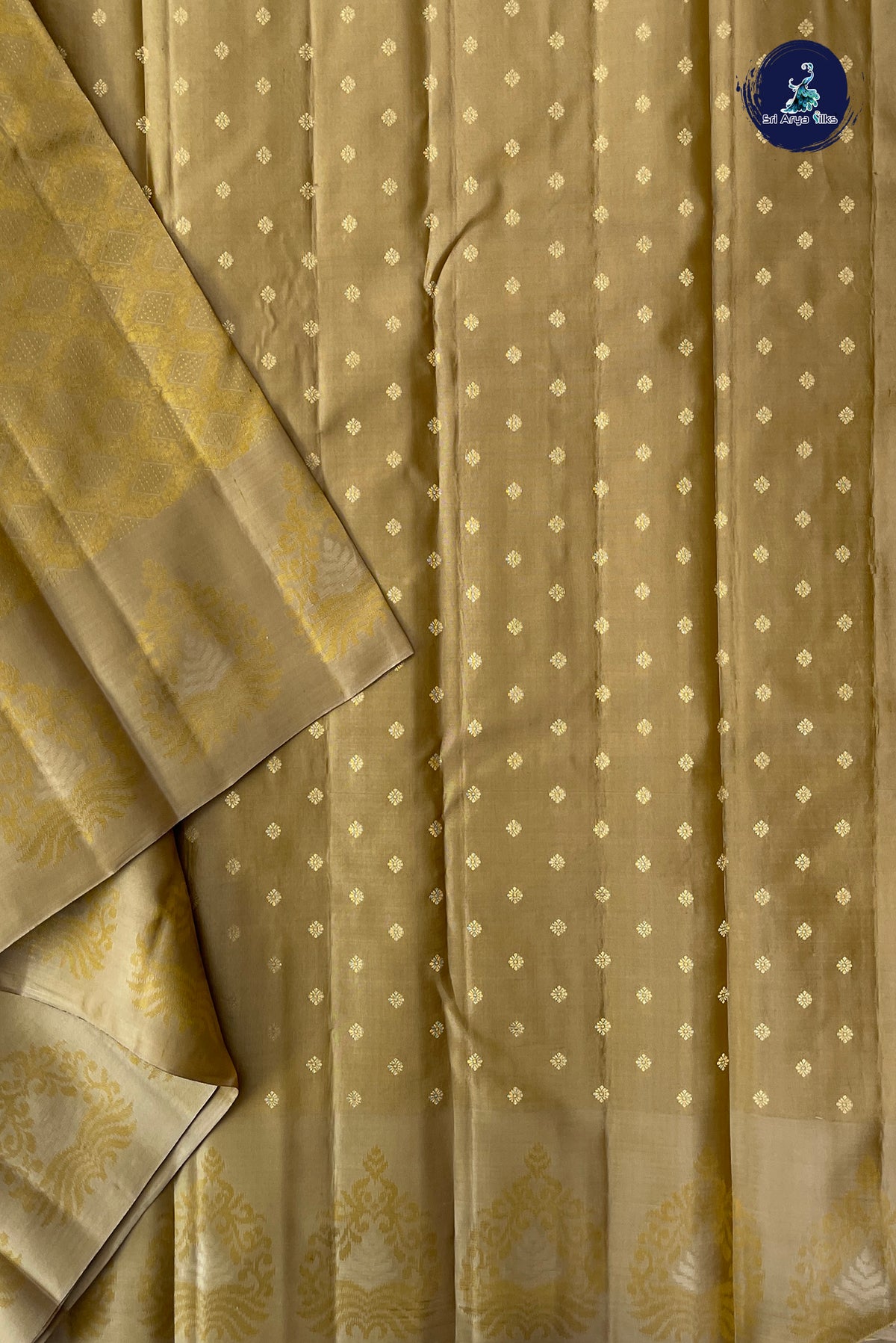 Golden Mustard Thread Work Silk Saree With Embossed Pattern