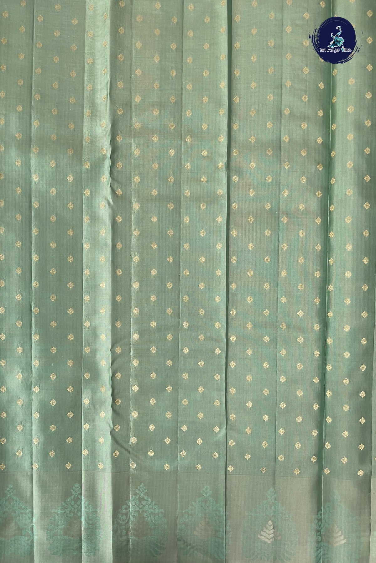 Pastel Green Thread Work Silk Saree With Embossed Pattern