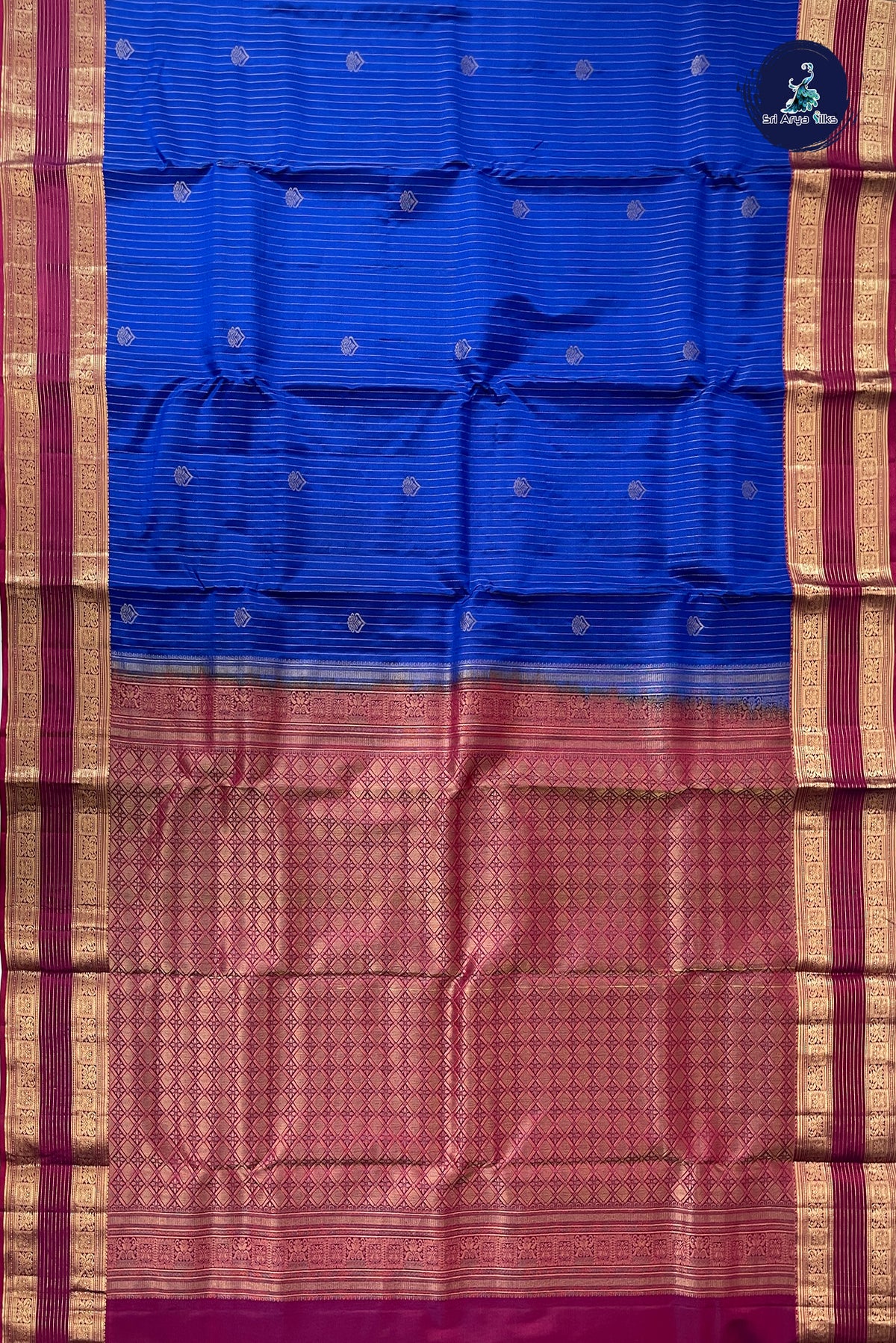 Blue Half Pure Silk Saree With Stripes Pattern
