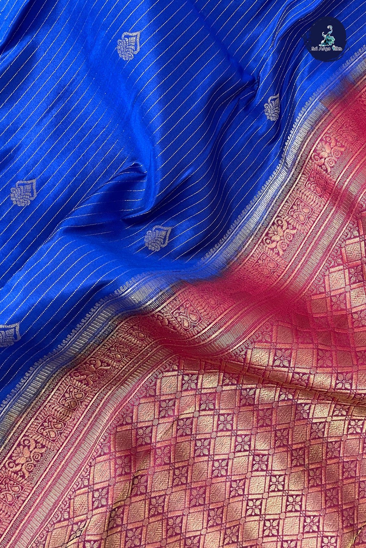 Blue Half Pure Silk Saree With Stripes Pattern