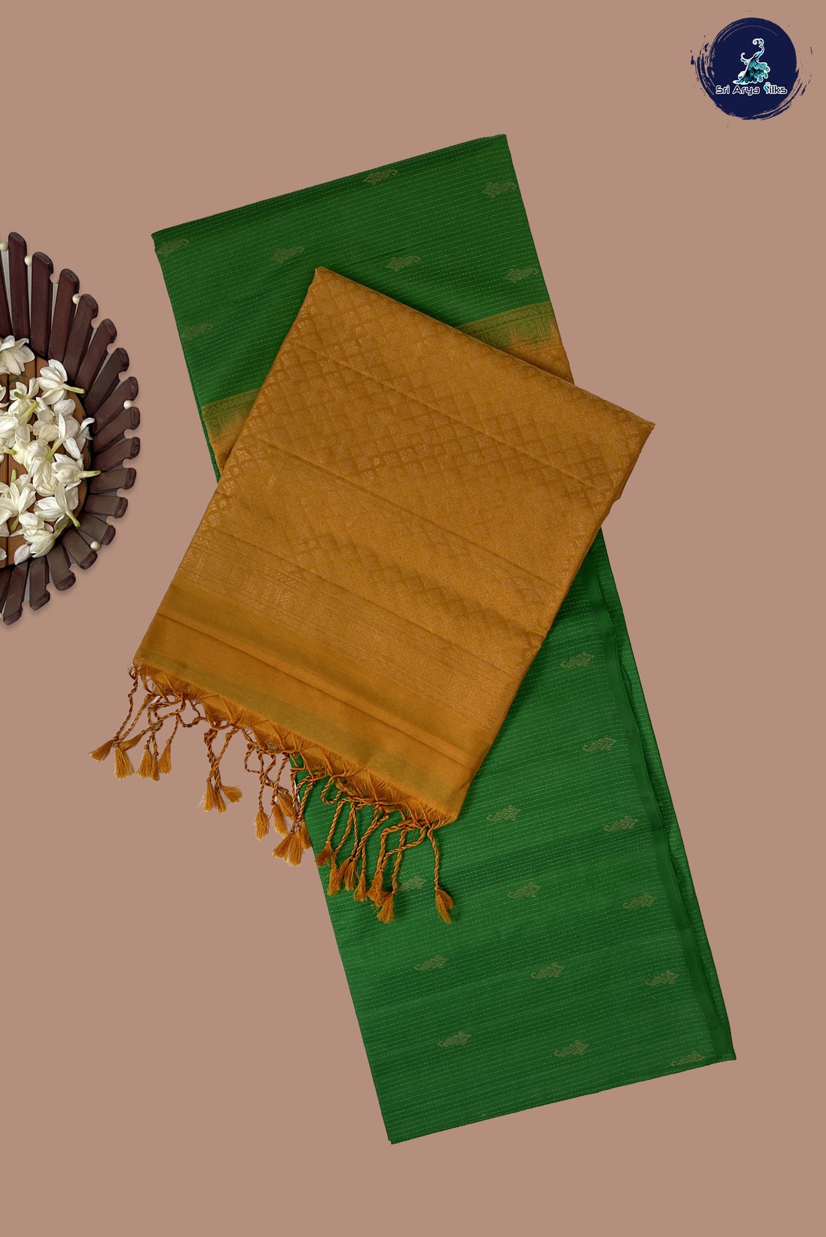 Green Half Pure Silk Saree With Stripes Pattern
