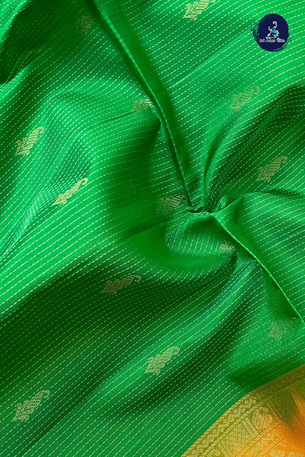 Green Half Pure Silk Saree With Stripes Pattern