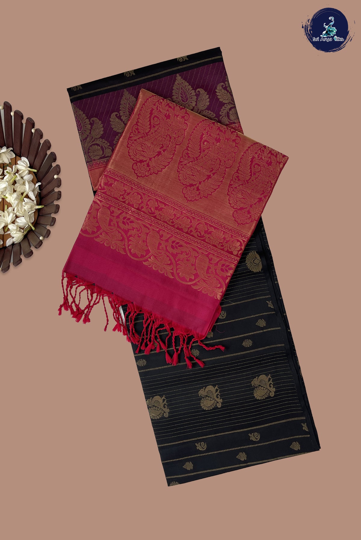 Black Half Pure Silk Saree With Stripes Pattern