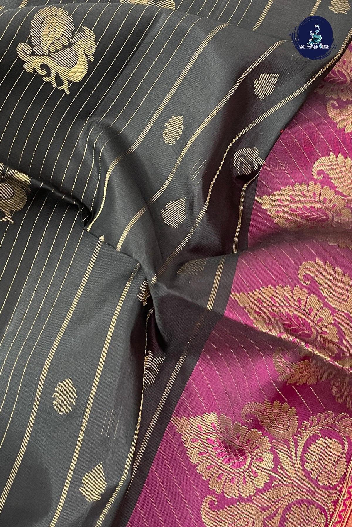 Black Half Pure Silk Saree With Stripes Pattern