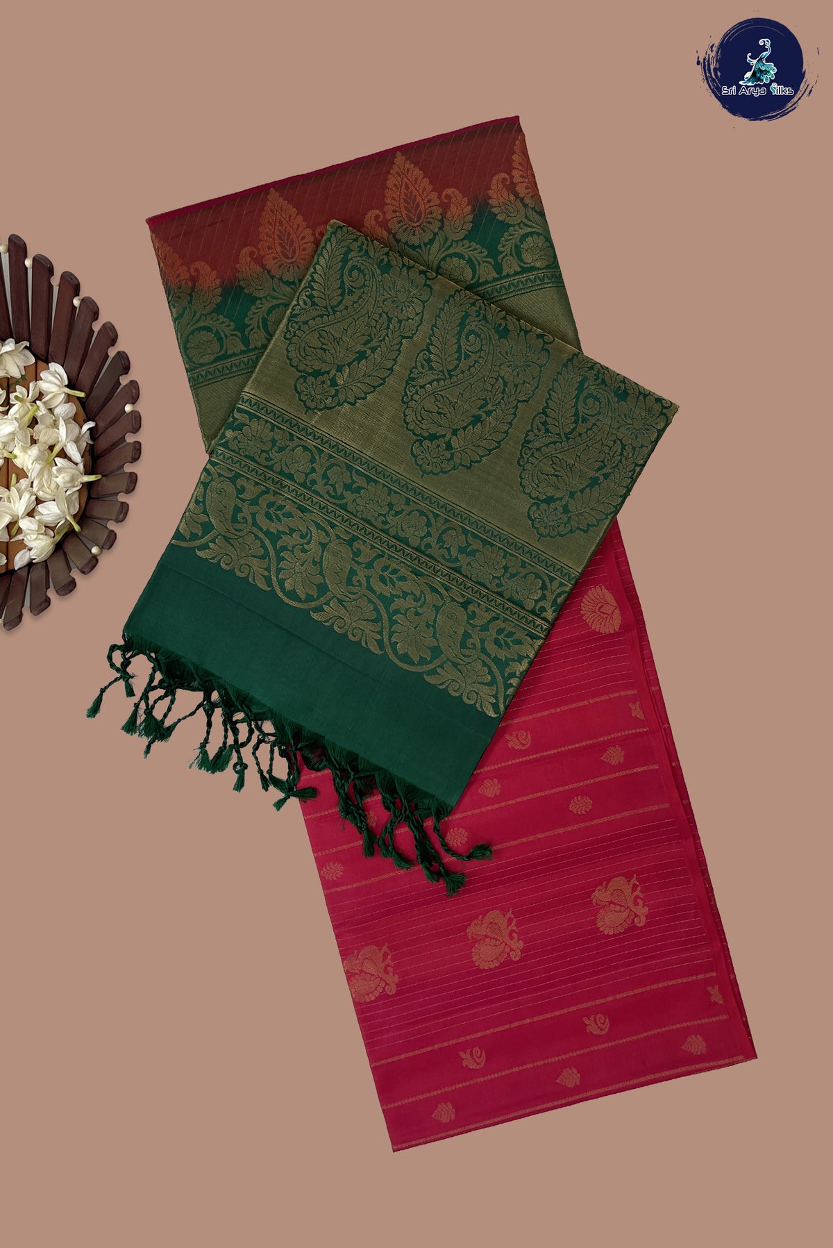 Red Half Pure Silk Saree With Stripes Pattern