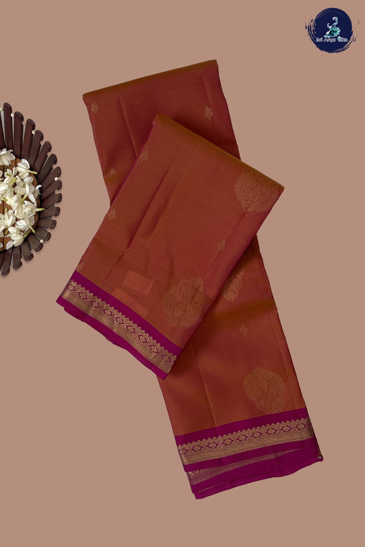 Rust Half Pure Silk Saree With Zari Buttas Pattern