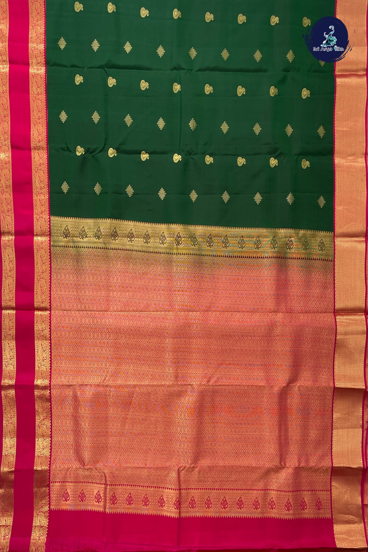 Bottle Green Korvai Contrast Silk Saree With Zari Buttas Pattern