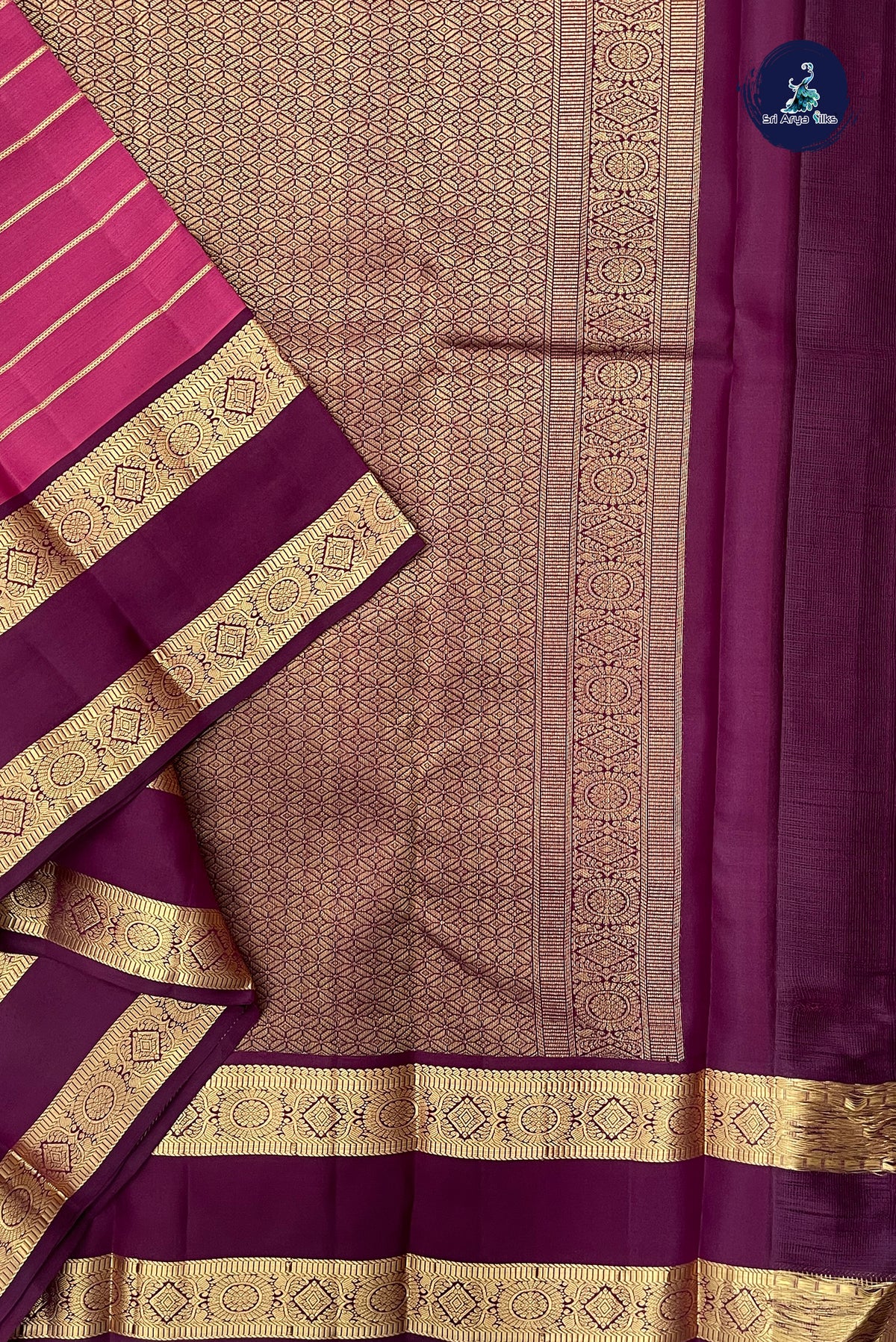 Garnet Pink Rettaippade Border Silk Saree With Veldhari Stripes Pattern