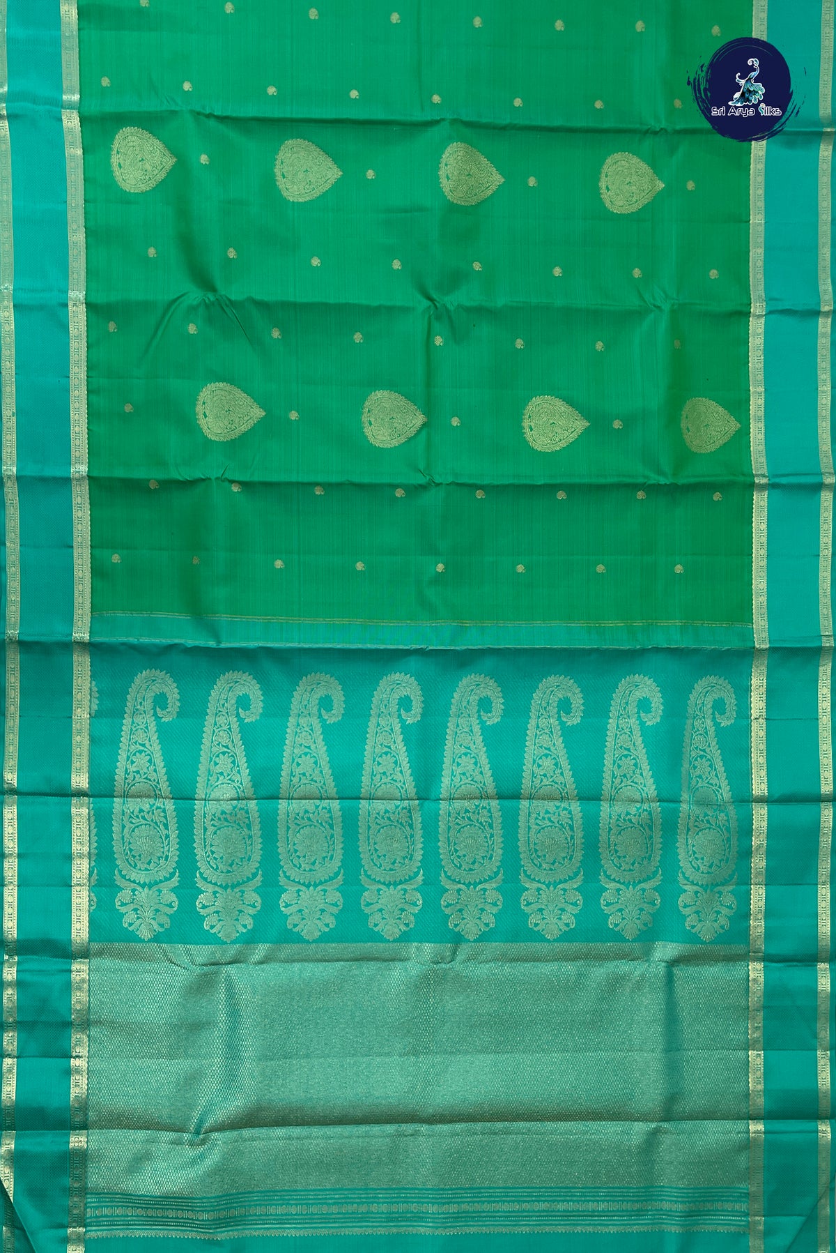 Sea Green Rettaippade Border Silk Saree With Zari Buttas Pattern