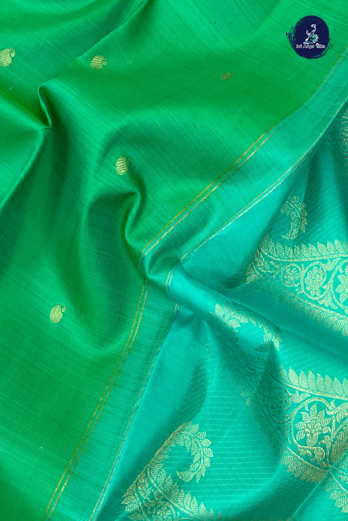 Sea Green Rettaippade Border Silk Saree With Zari Buttas Pattern