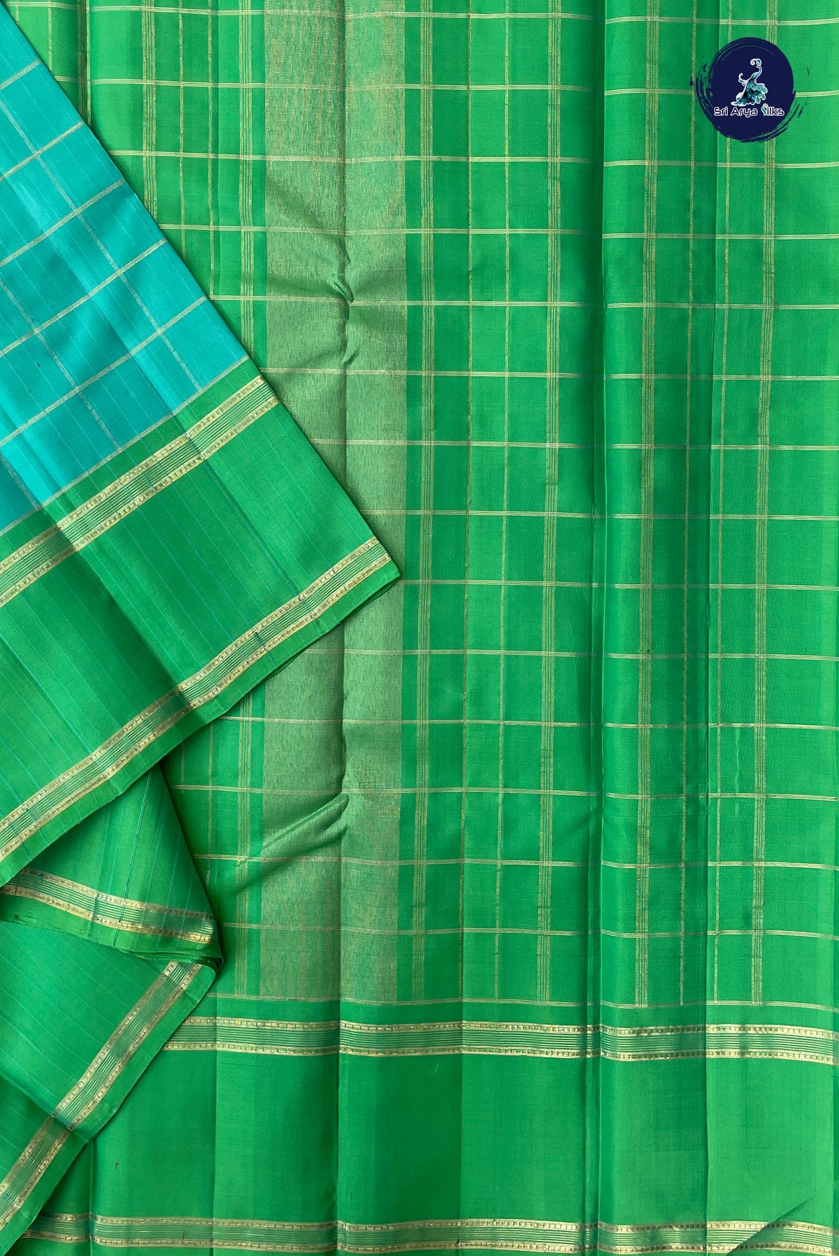 Sea Green Rettaippade Border Silk Saree With Zari Checked Pattern