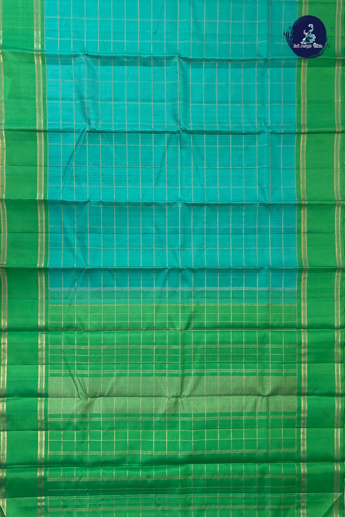 Sea Green Rettaippade Border Silk Saree With Zari Checked Pattern