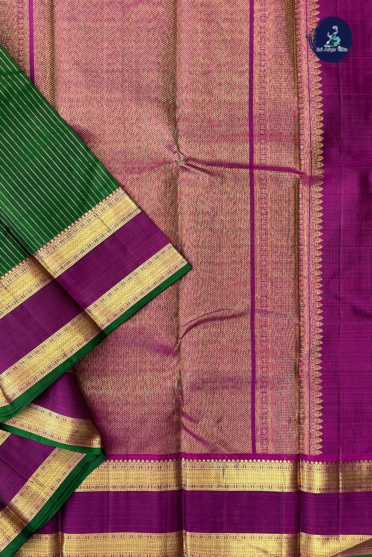 Bottle Green Rettaippade Border Silk Saree With Stripes Pattern