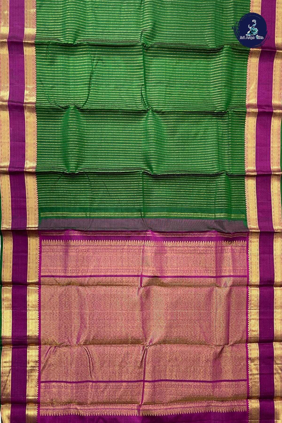 Bottle Green Rettaippade Border Silk Saree With Stripes Pattern