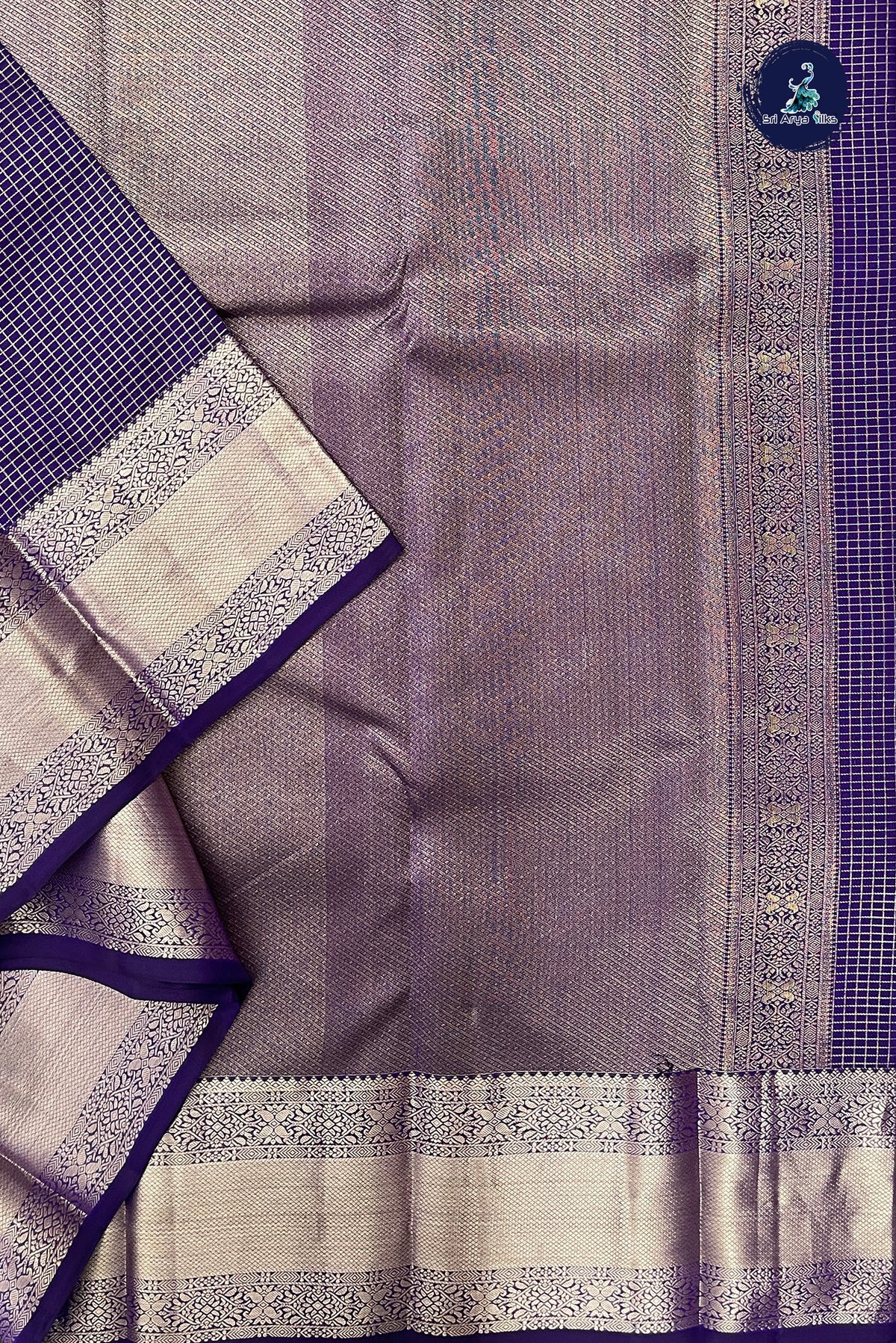 Violet Checked Silk Saree With Zari Checked Pattern