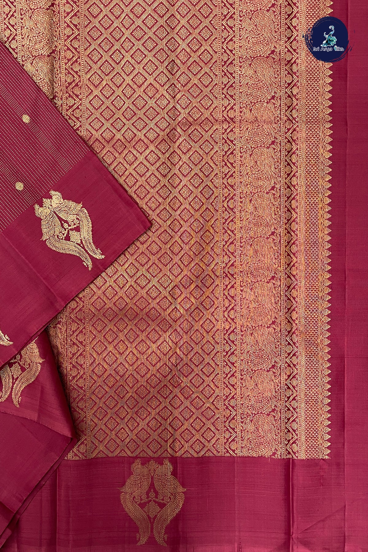 Pinkish Maroon Bridal Silk Saree With Stripes Pattern