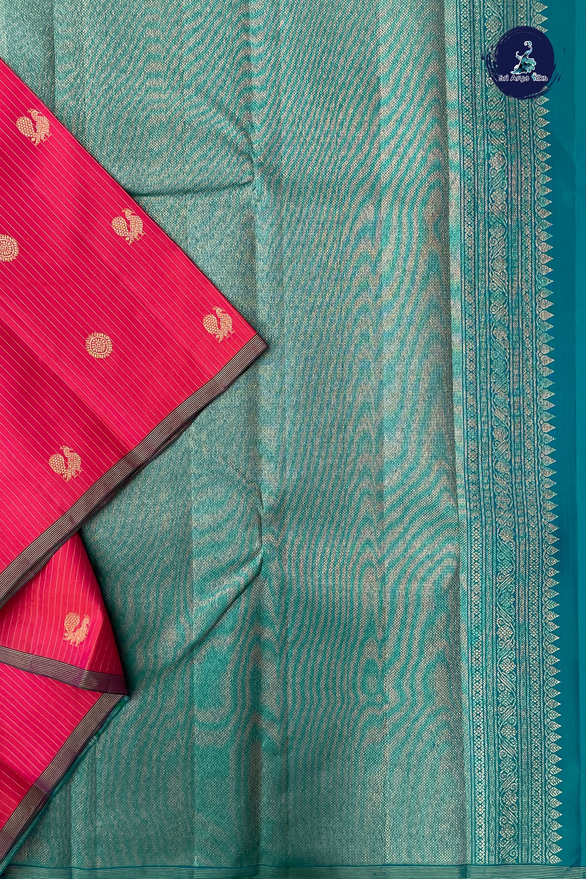 Orangish Pink Mayil Chakram Butta Silk Saree With Stripes Pattern