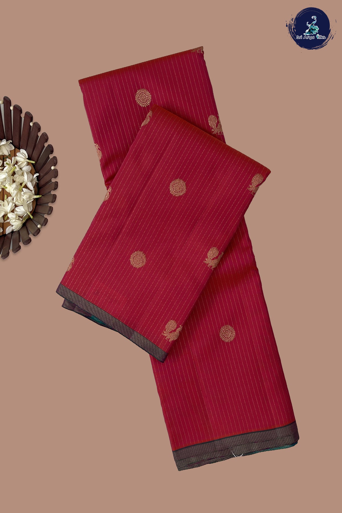 Orangish Pink Mayil Chakram Butta Silk Saree With Stripes Pattern