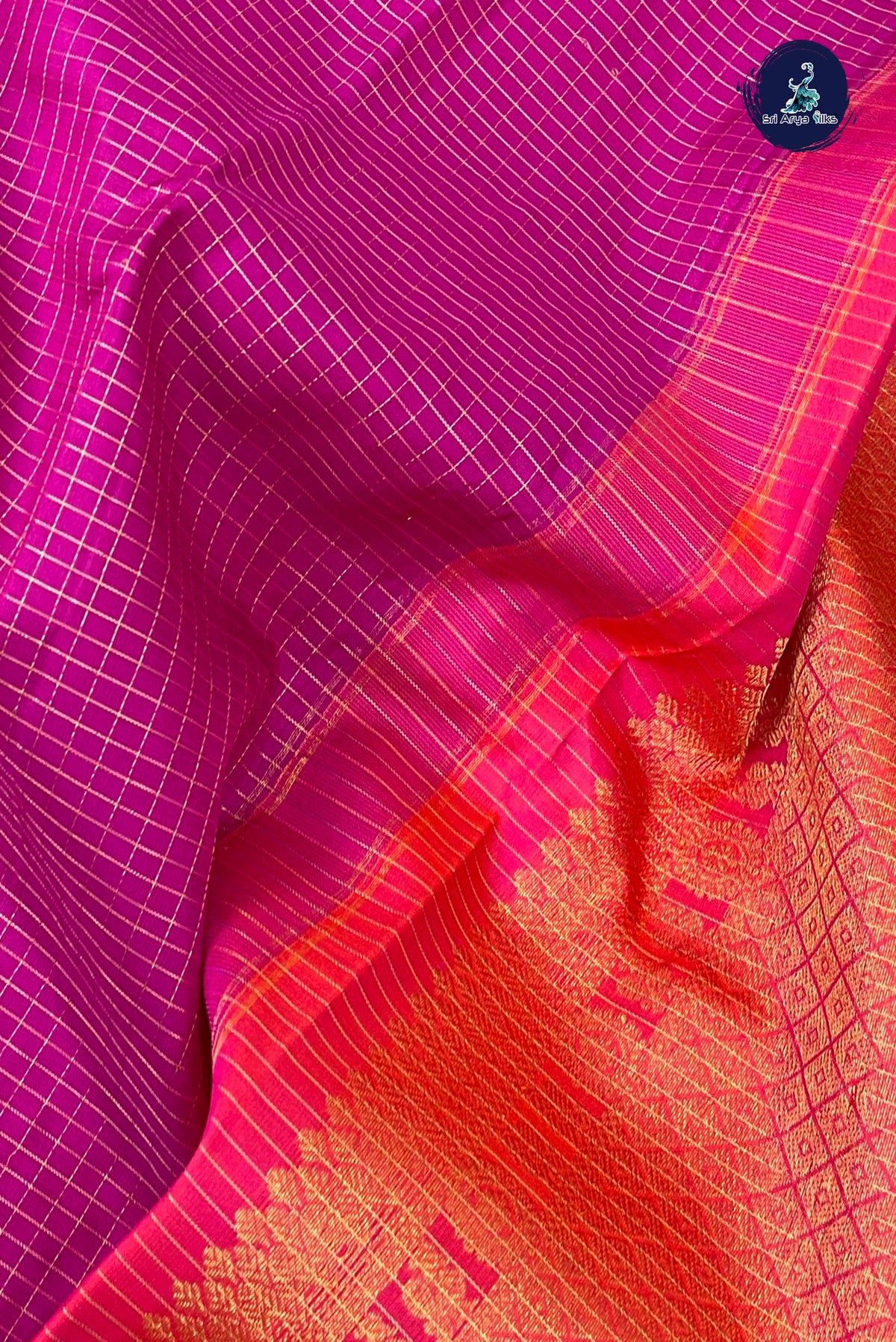 Pink Checked Silk Saree With Zari Checked Pattern
