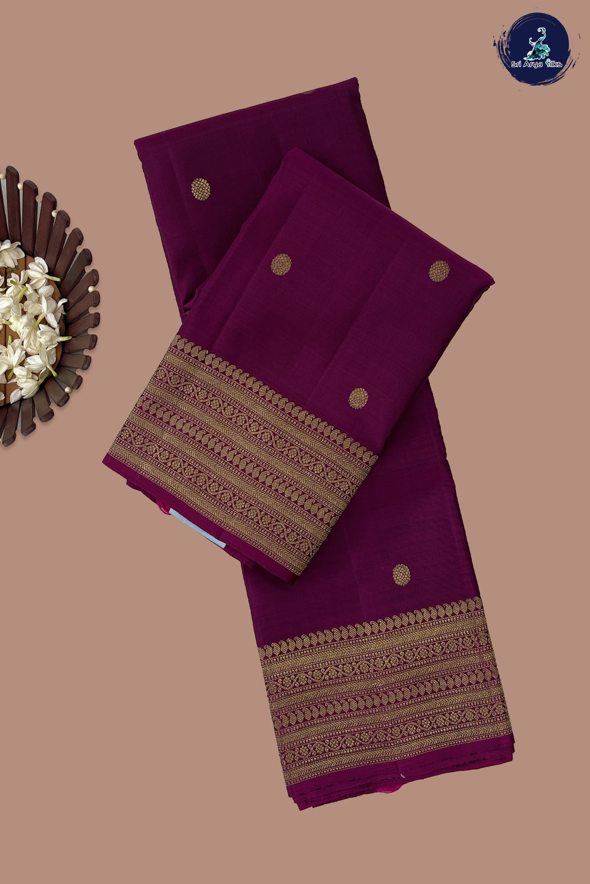 Dark Plum Bridal Silk Saree With Zari Buttas Pattern