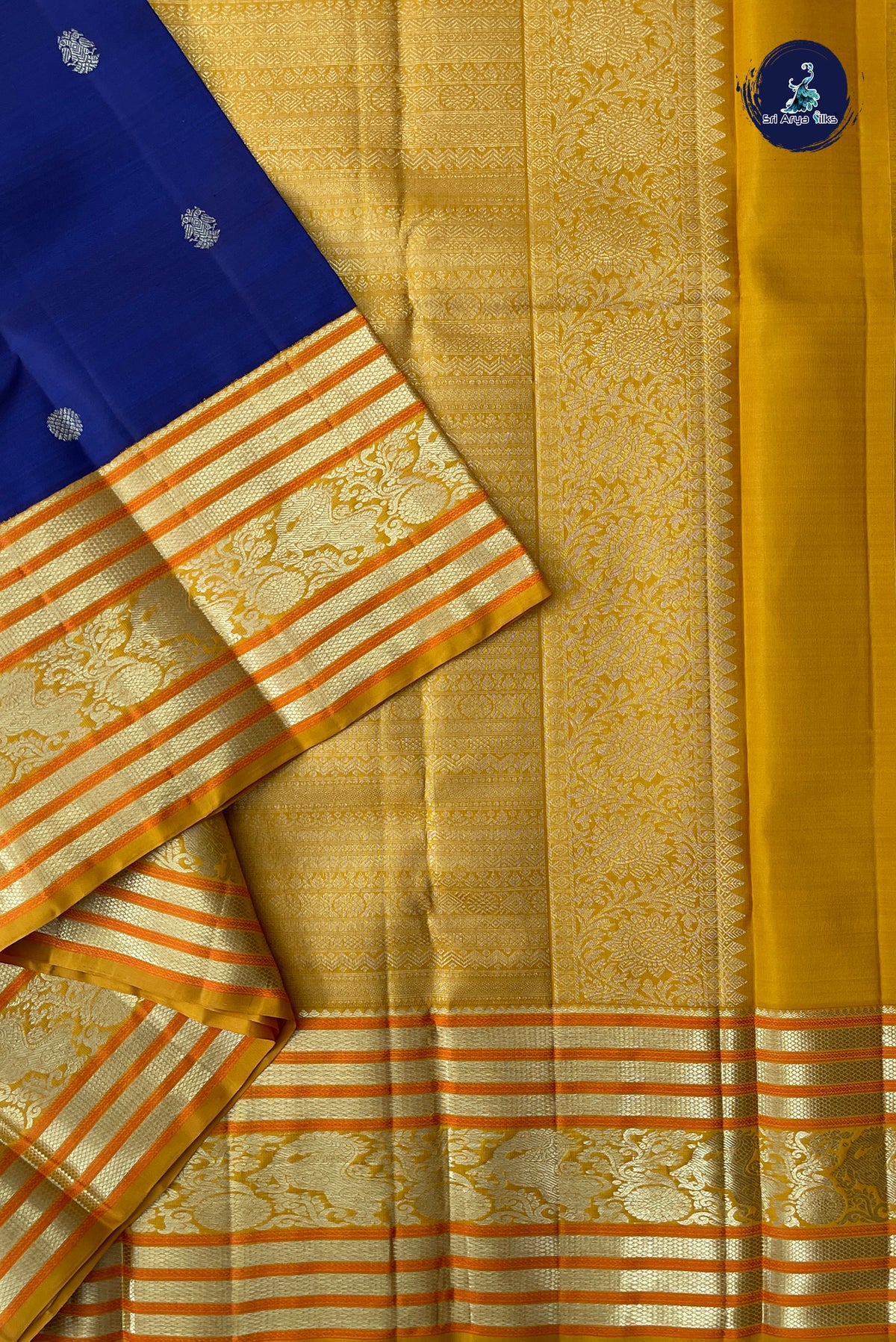 Dark Blue Korvai Contrast Silk Saree With Zari Buttas Pattern