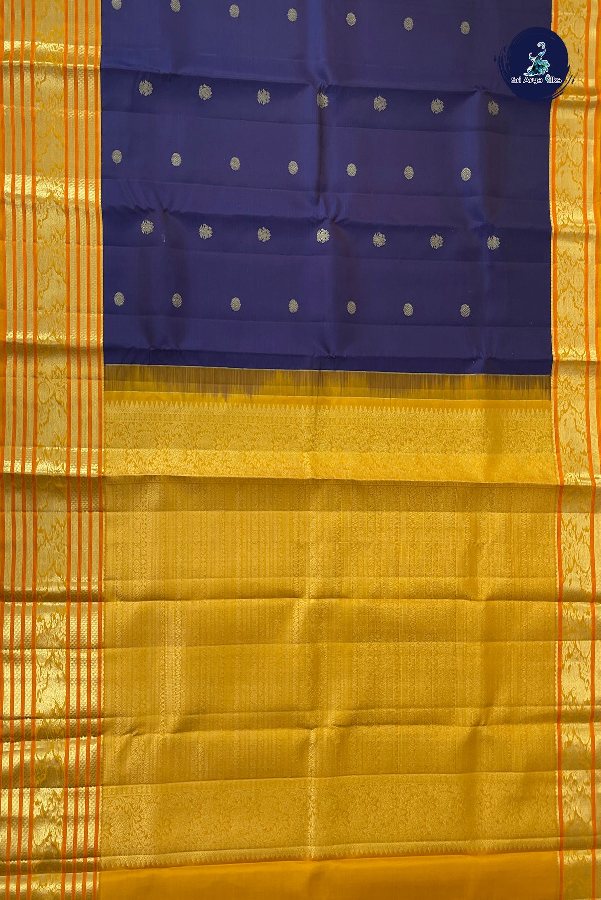 Dark Blue Korvai Contrast Silk Saree With Zari Buttas Pattern