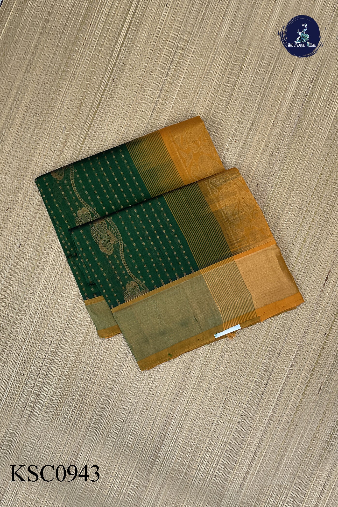 Dark Green Silk Cotton Saree With Zari Checked Pattern