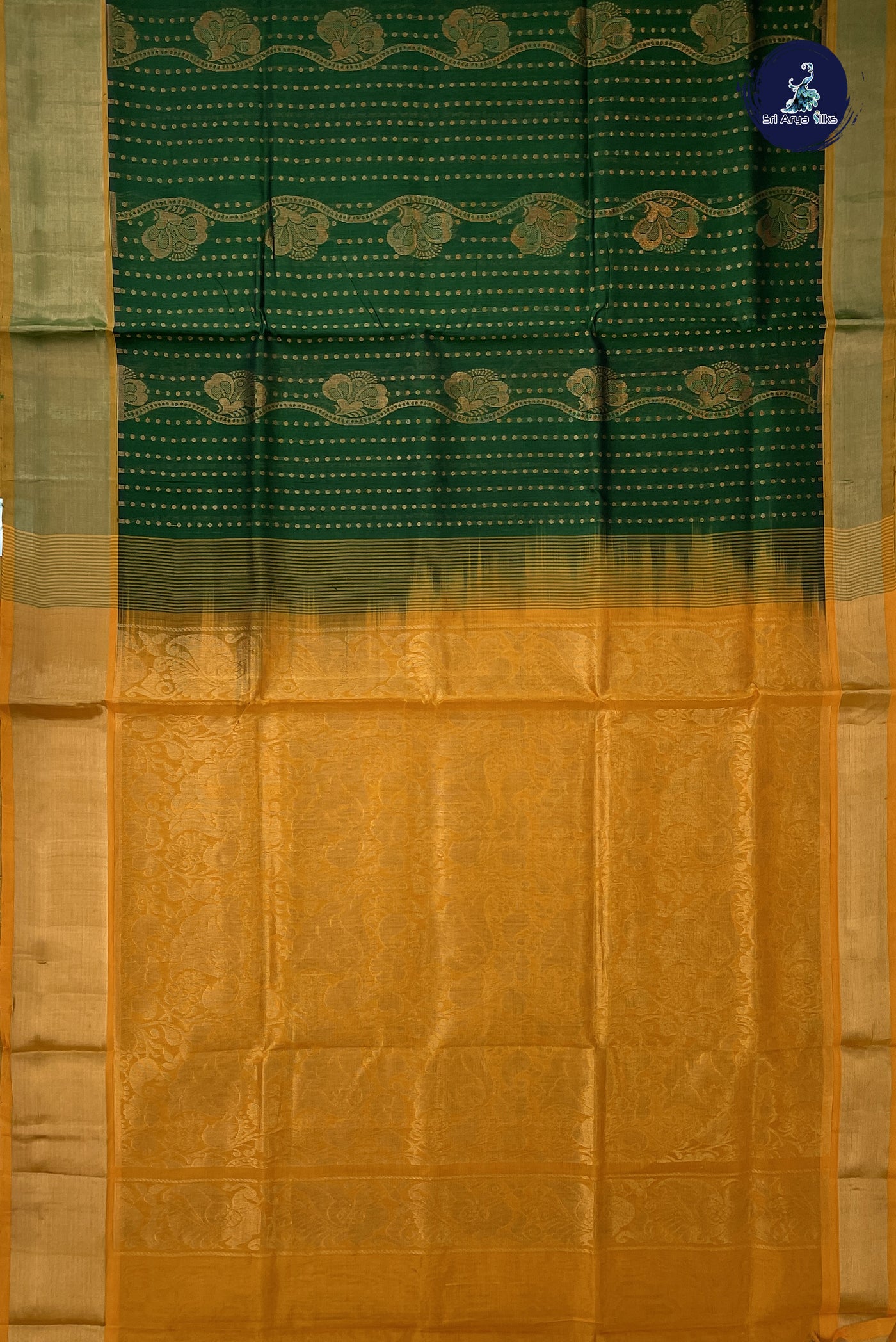 Dark Green Silk Cotton Saree With Zari Checked Pattern