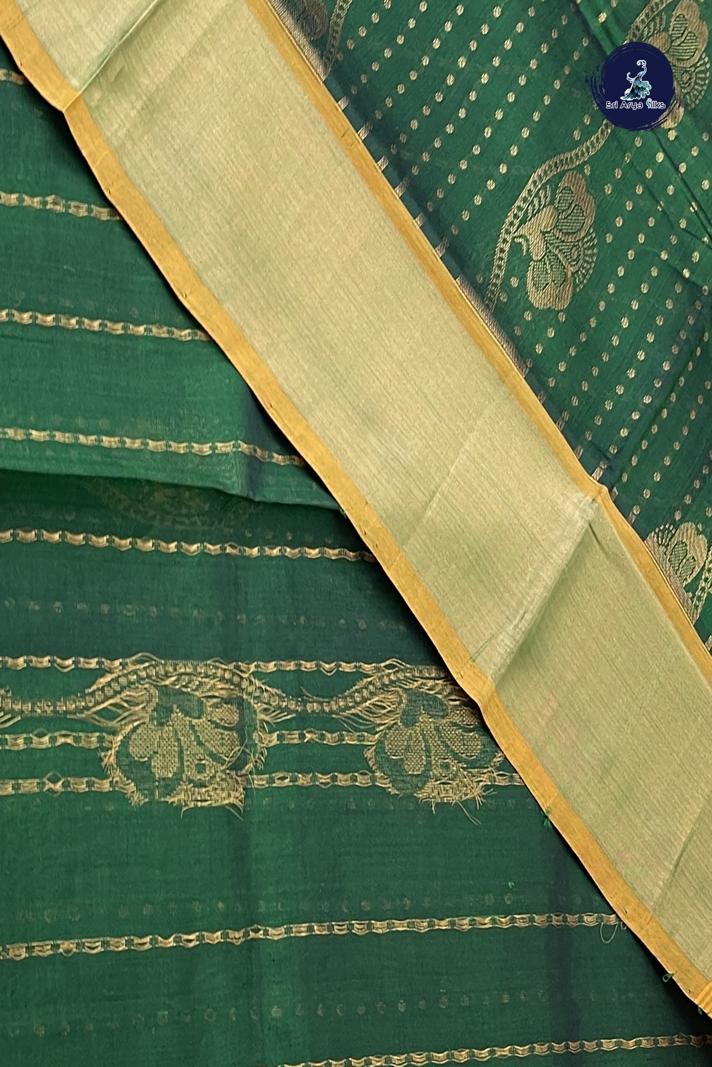 Dark Green Silk Cotton Saree With Zari Checked Pattern