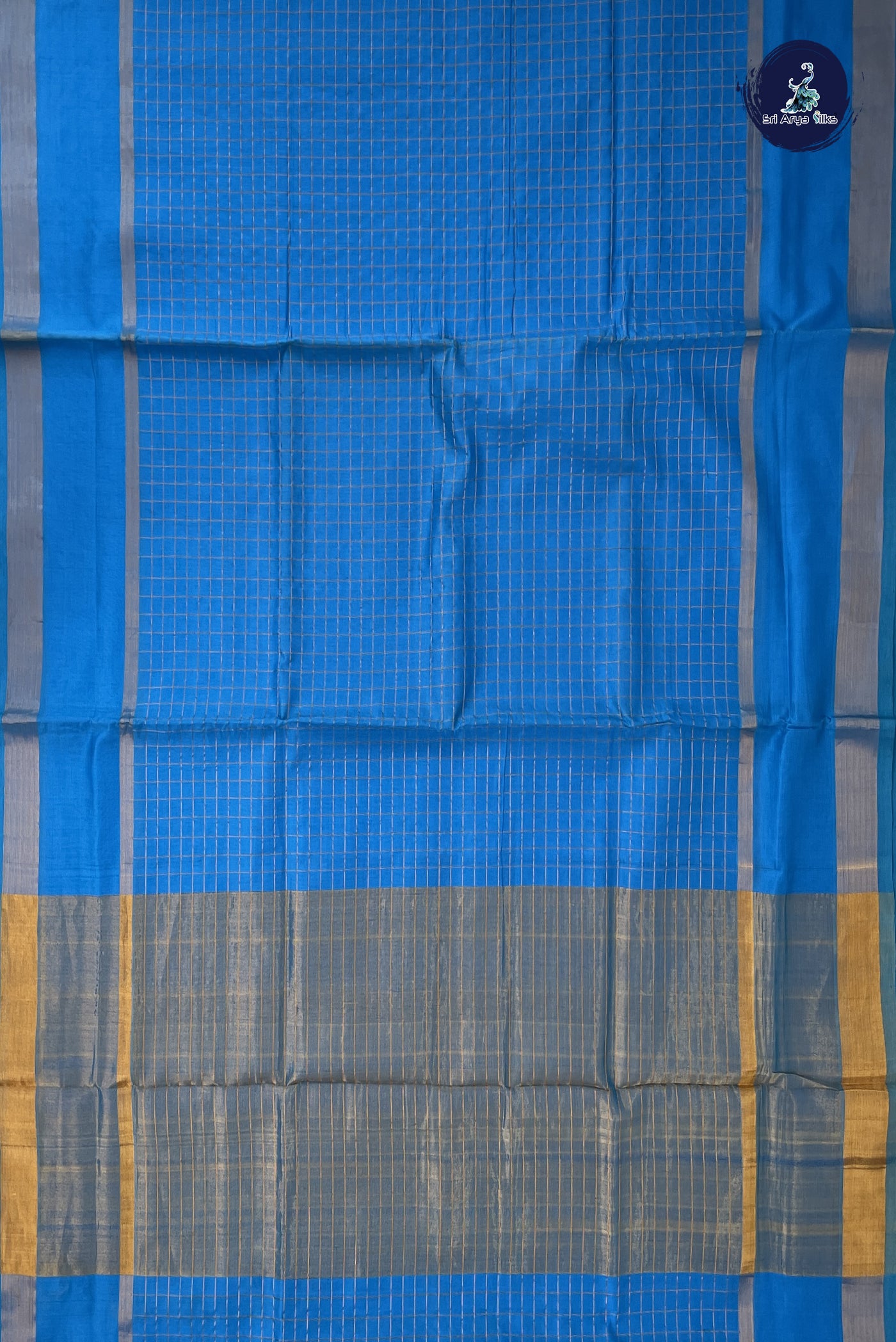 Copper Sulphate Blue Checked Saree With Zari Checked Pattern