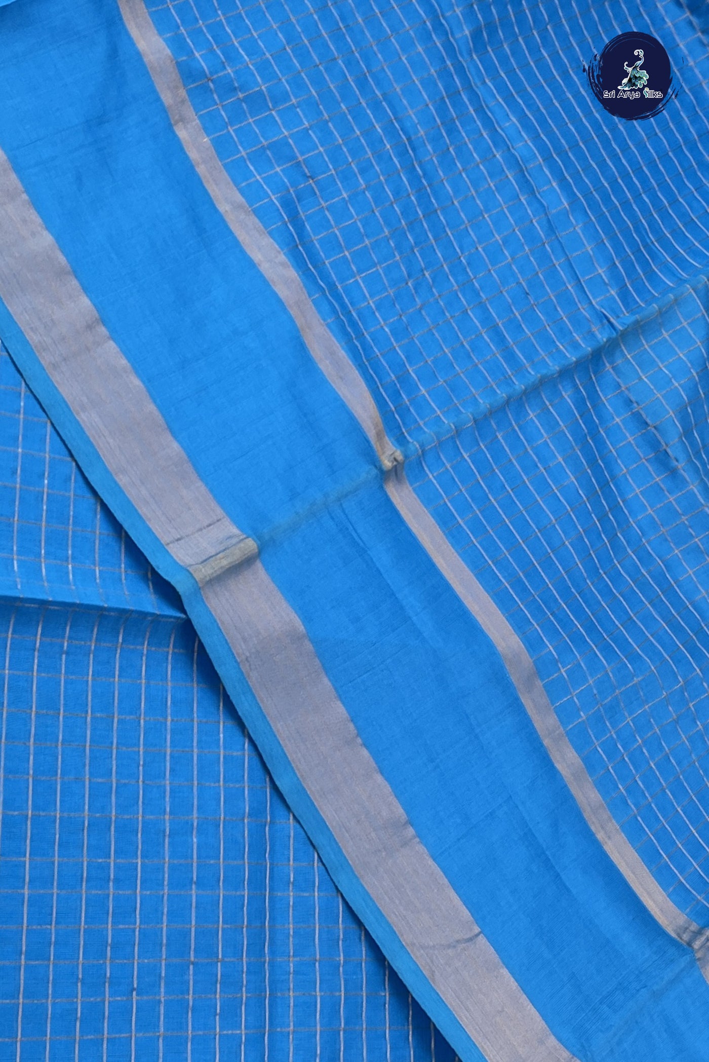 Copper Sulphate Blue Checked Saree With Zari Checked Pattern