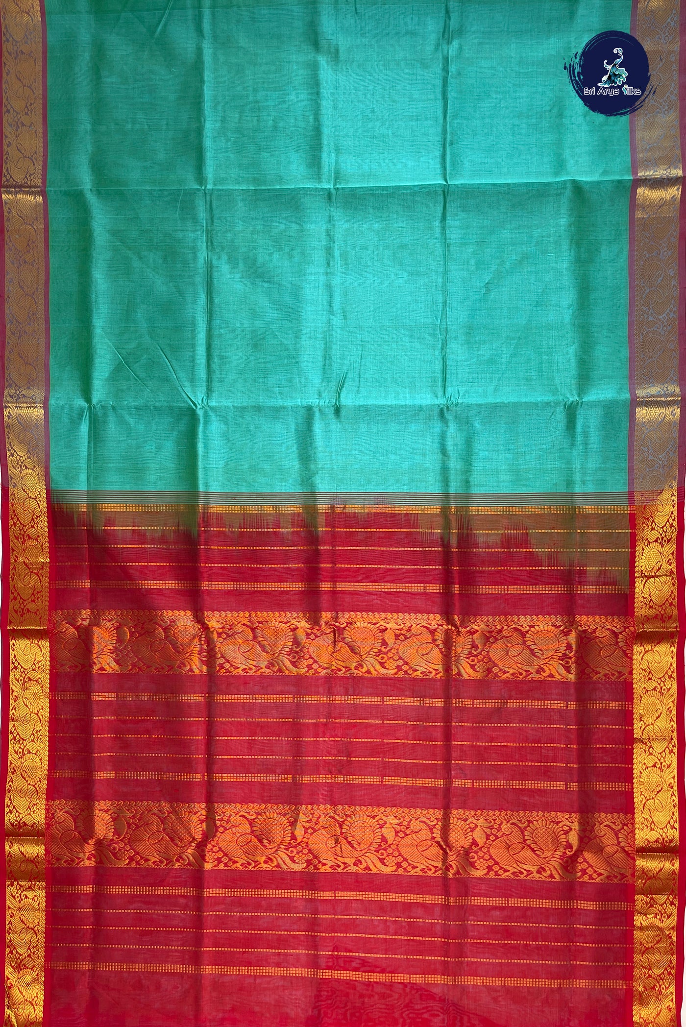 Sea Green Silk Cotton Saree With Plain Pattern