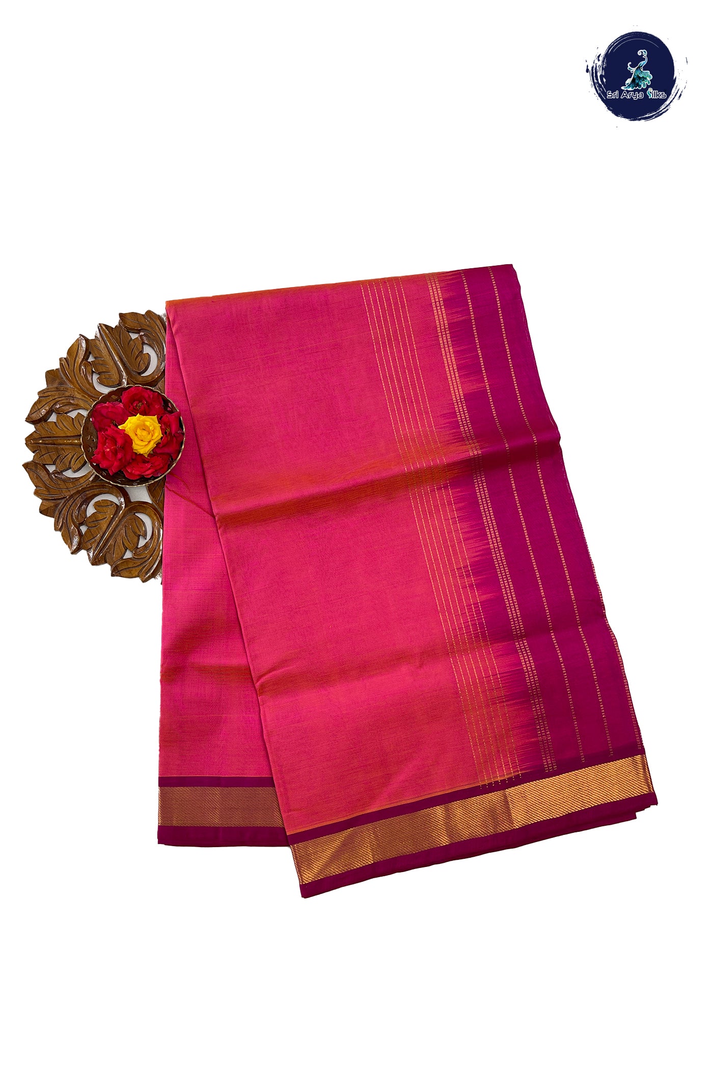Orangish Pink Silk Cotton Saree With Plain Pattern