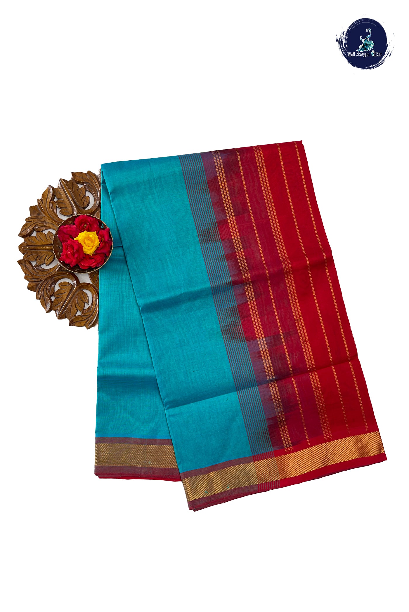 Turquoise Silk Cotton Saree With Plain Pattern