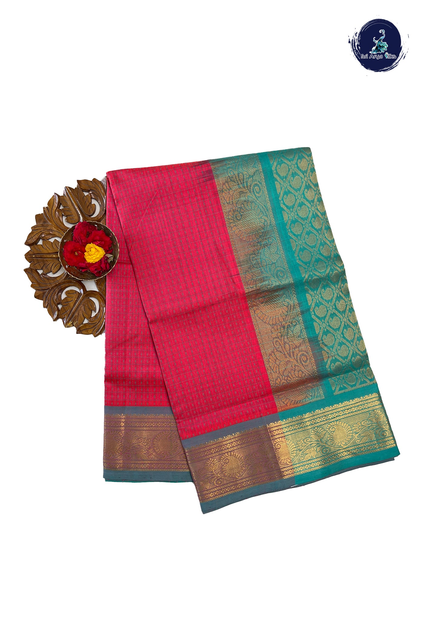 Pinkish Orange Silk Cotton Saree With Laksha Deepam Design Pattern
