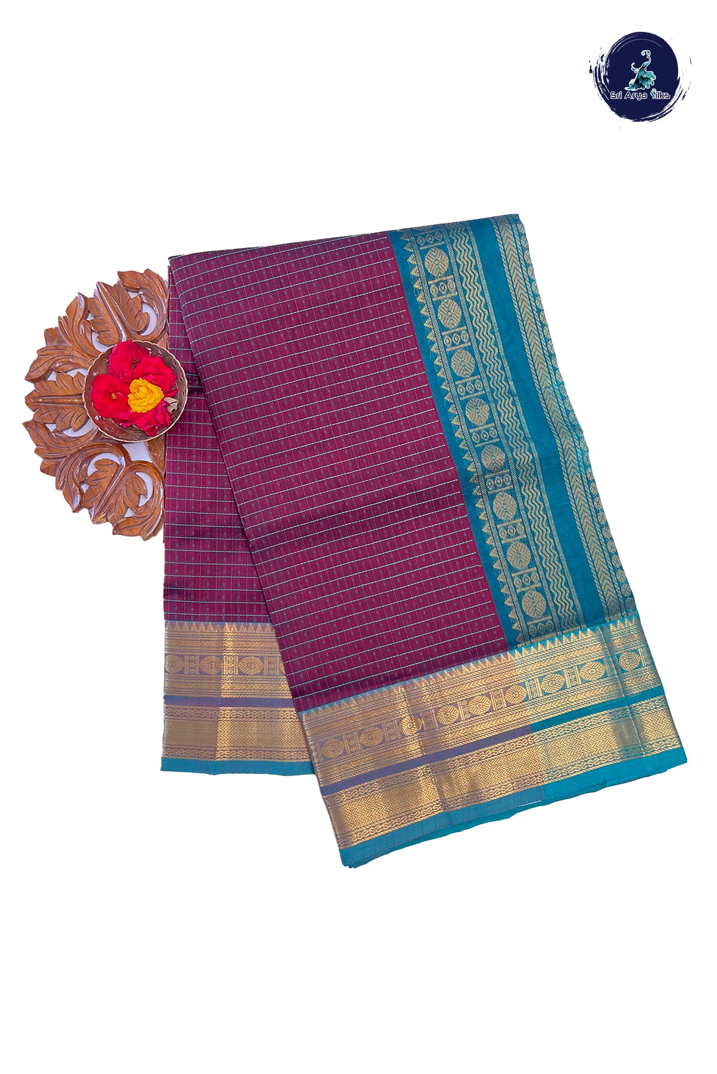 Maroon Silk Cotton Saree With Laksha Deepam Design Pattern